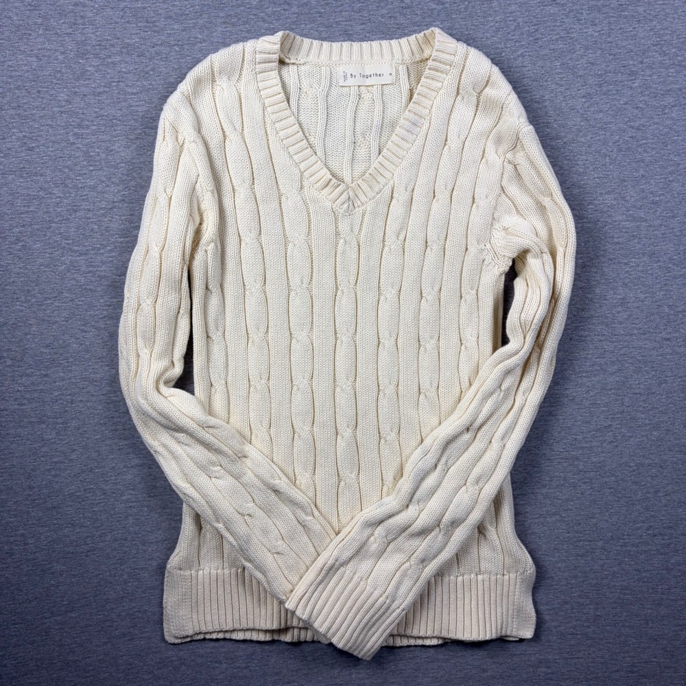 By Together Sweater Medium Cream Cable Knit V-Neck Preppy Classic L4771